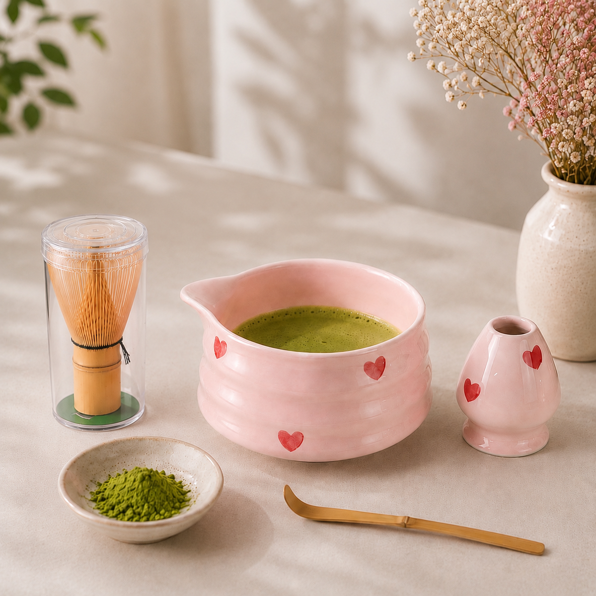 Kit Matcha 4 Pièces - Cœurs Rose