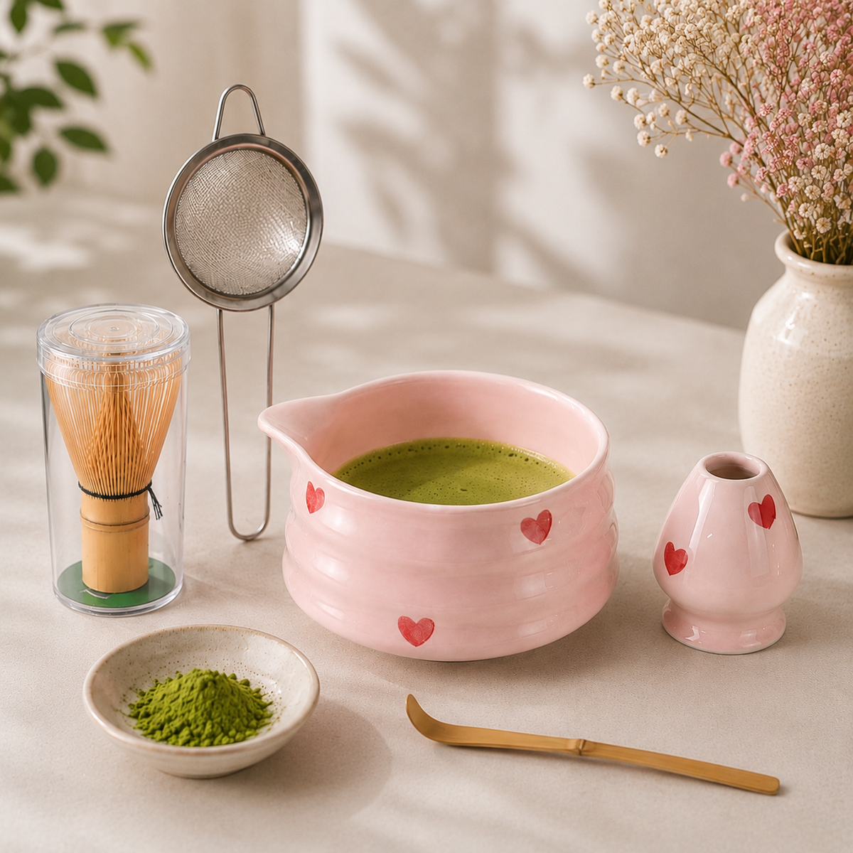 Kit Matcha 5 Pièces - Cœurs Rose